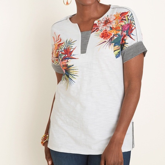 Chico's Tops - Chico’s Floral Striped Short Sleeve Tee